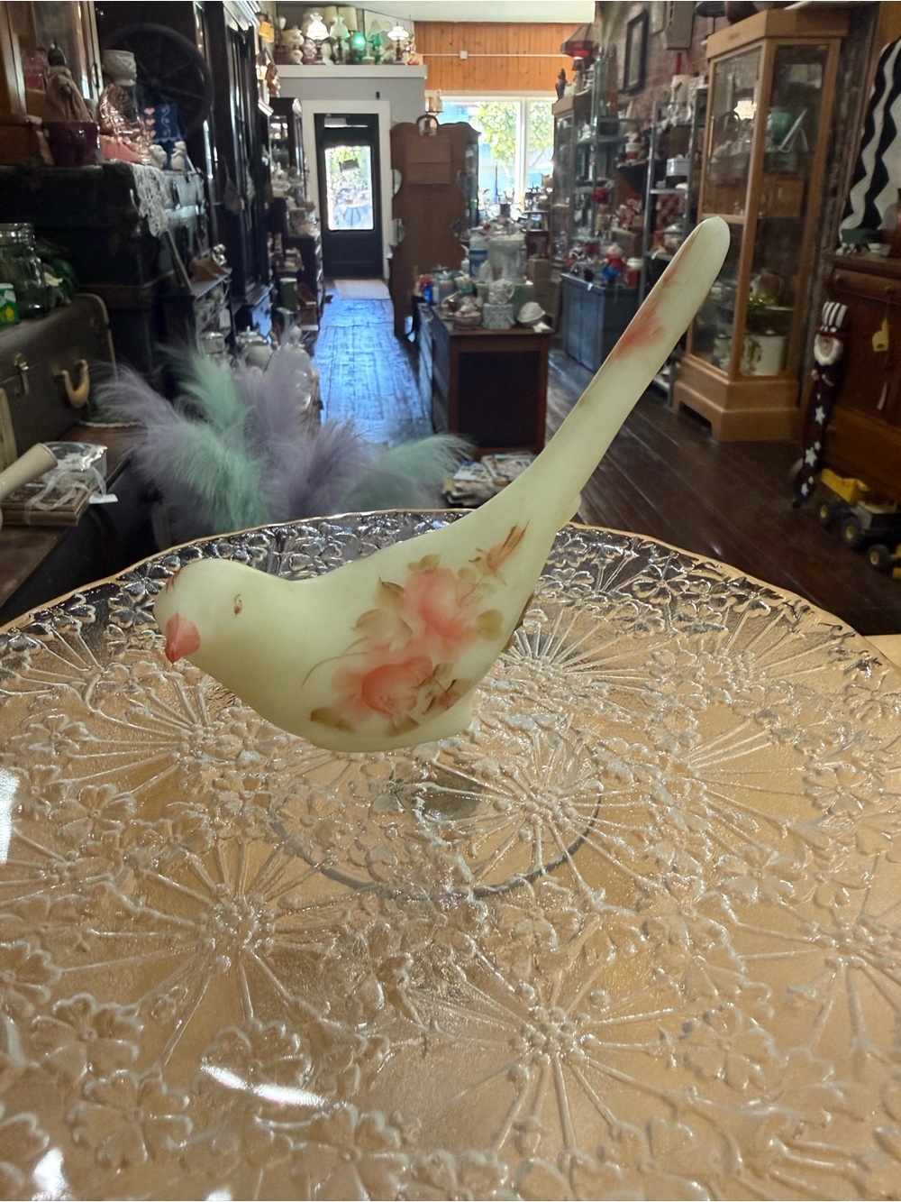 Hand-Painted Custard Glass Bird Cream with Pink Floral Accents Fenton Signed